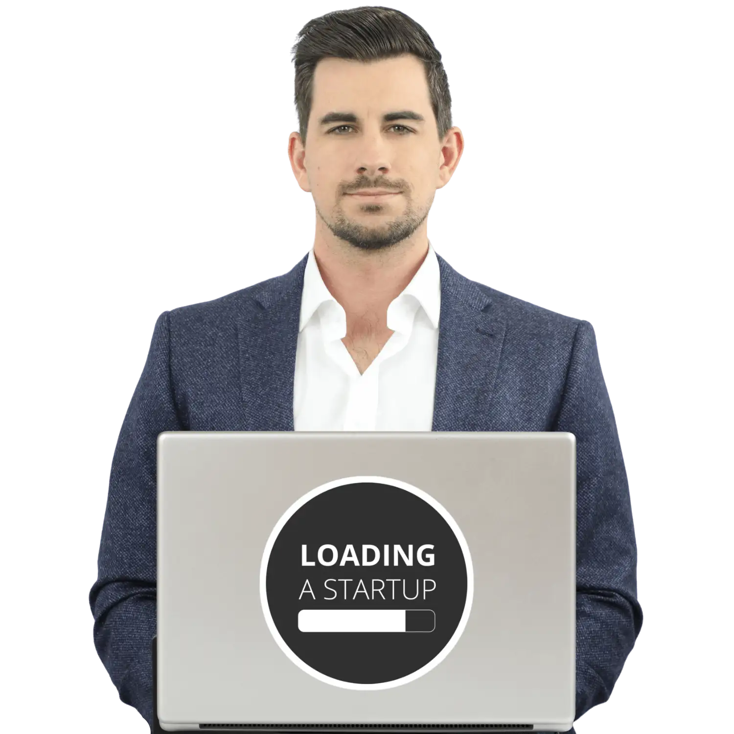 Adam Paulin smiling while working on a laptop.